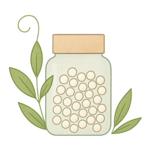 Logo of Sri Sravani Homoeo Care health clinic featuring a minimalistic glass bottle filled with white homeopathic pills, surrounded by green leaves and a stylized S-shaped stem — representing natural healing and holistic homeopathy.